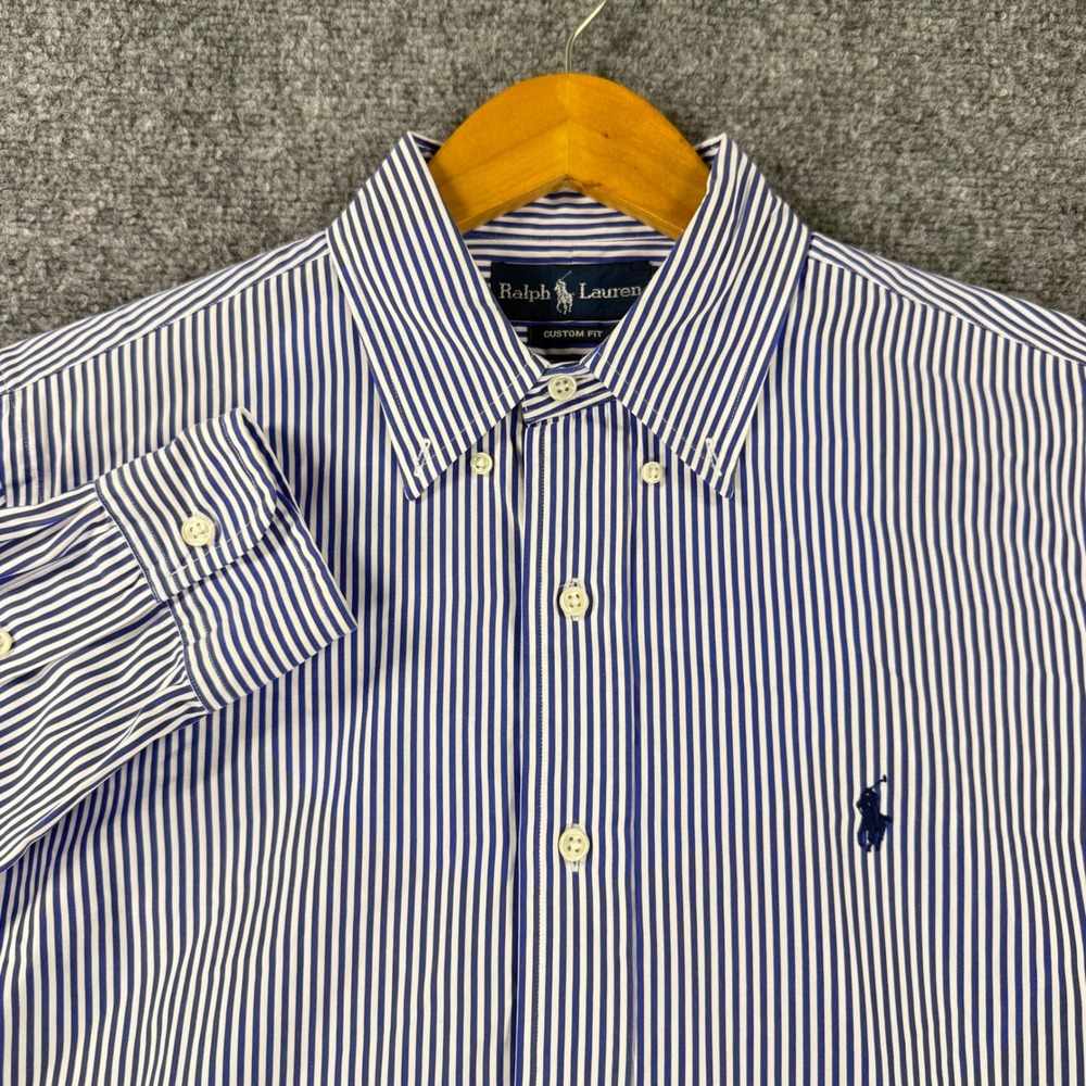Ralph Lauren Button Down Shirt Mens Medium Blue White Striped Cotton Custom Fit